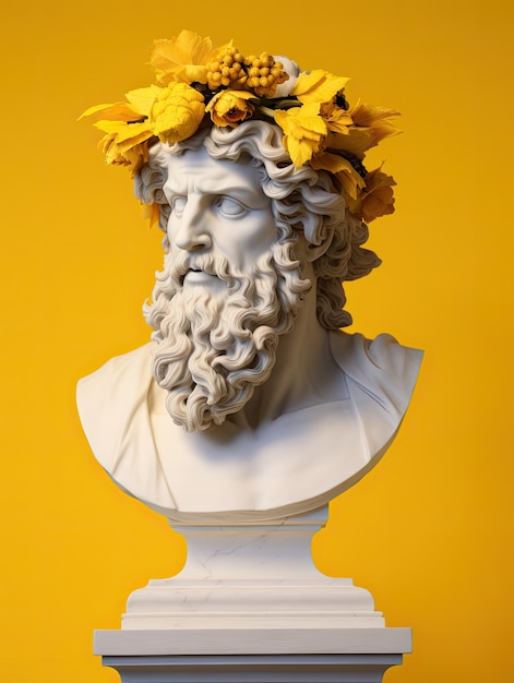 A white sculpture headbust of greek god in the style of historical reproductions yellow background