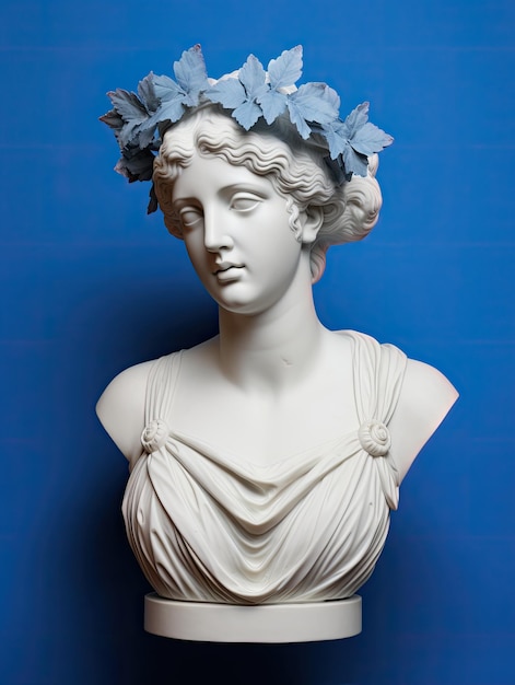 A white sculpture headbust of greek godness in the style of historical reproductions blue backgrou