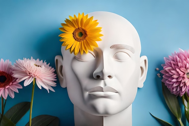 a white sculpture of a man with a sunflower on his head.