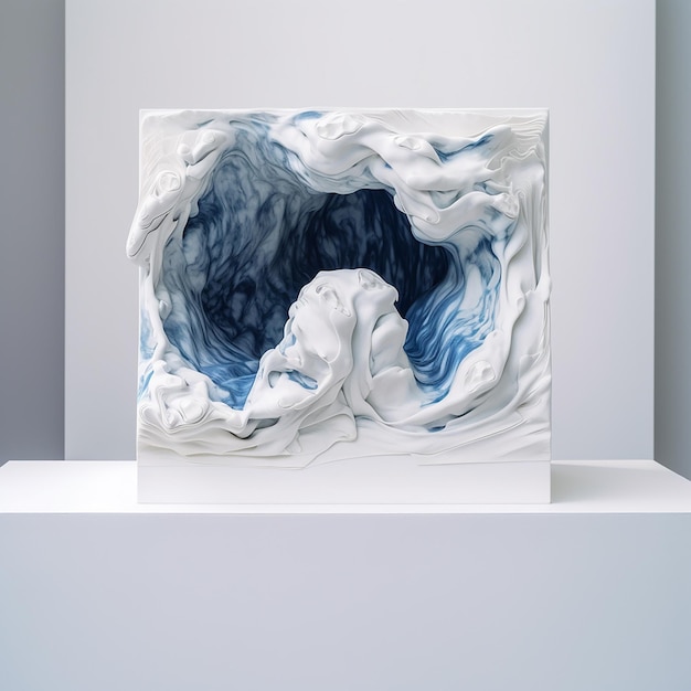 Photo a white sculpture with blue and black swirls on it.