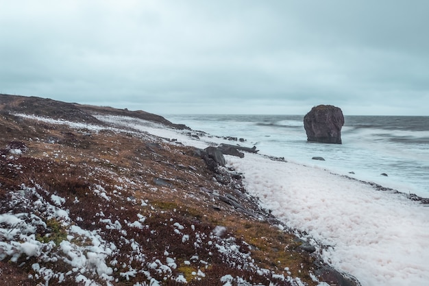 写真 海岸の白い海の泡。白海の嵐、岸に波が転がる劇的な風景。