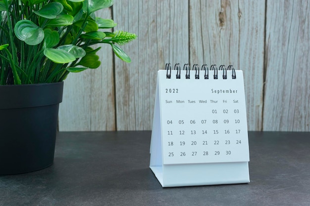 Белый календарь на сентябрь 2022 года с растением в горшке. Концепция Нового года 2022