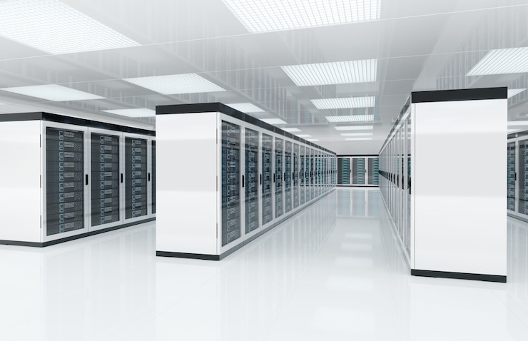 Photo white servers center room with computers and storage systems 3d rendering