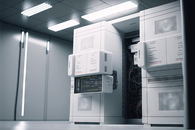 White servers data center room with computers and storage systems and glowing elements