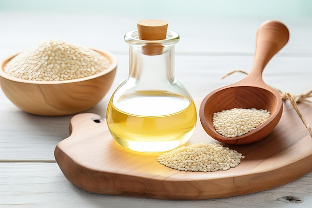 White sesame seeds in wooden bowl with spoon and glass bottle of sesame oil isolated on white