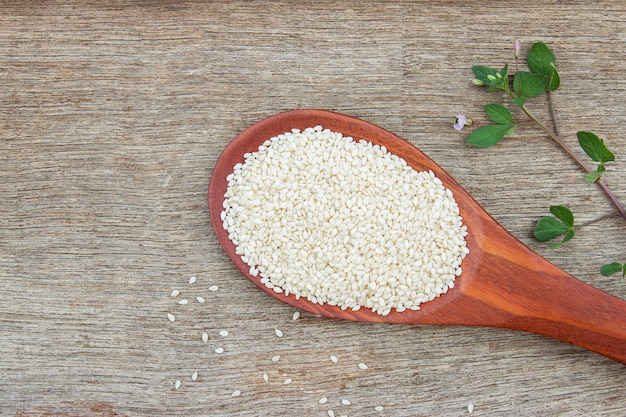 white sesame on wooden spoon