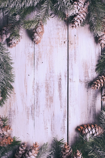 White shabby Christmas border with snow covered pinecones