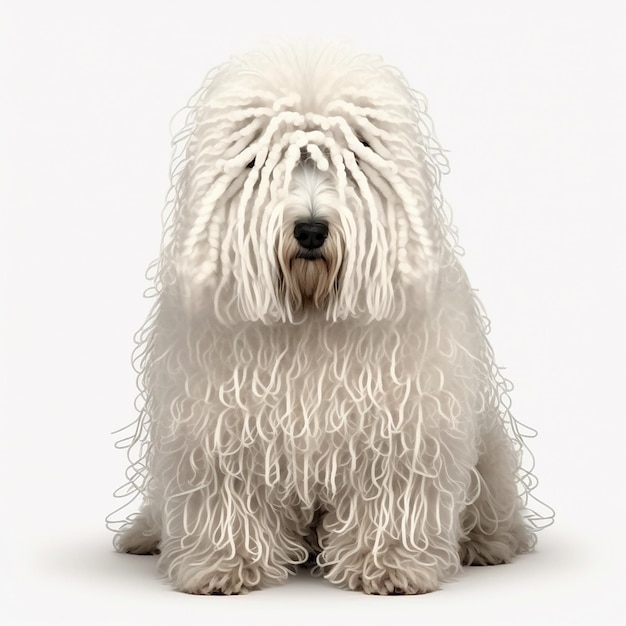 Белая лохматая собака породы Комондор крупным планом изолирована на белом необычном питомце
