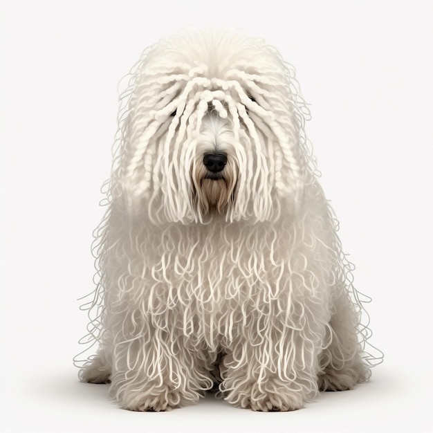 White shaggy dog breed Komondor closeup isolated on white unusual pet