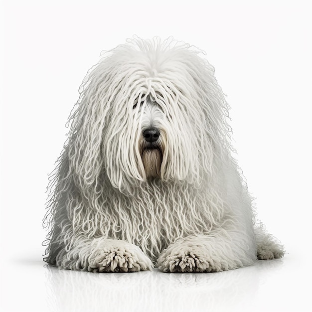 White shaggy dog breed Komondor portrait closeup isolated on white unusual pet