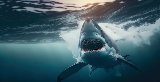 White Shark in the ocean photography of a angry white shark in the sea Generative AI