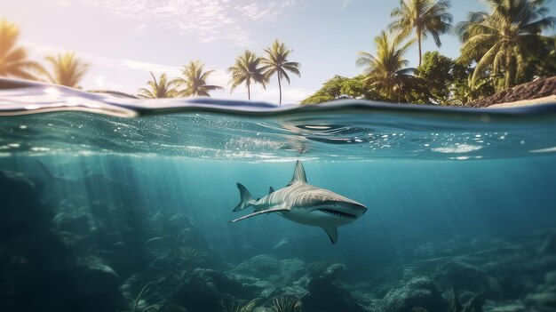 Photo white shark swims underwater