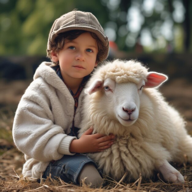 Photo white sheep on boys lap sitting on