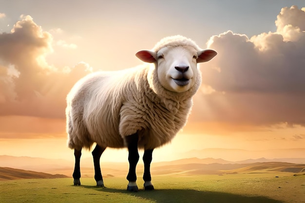 A white sheep standing in the desert with the setting sun in the background