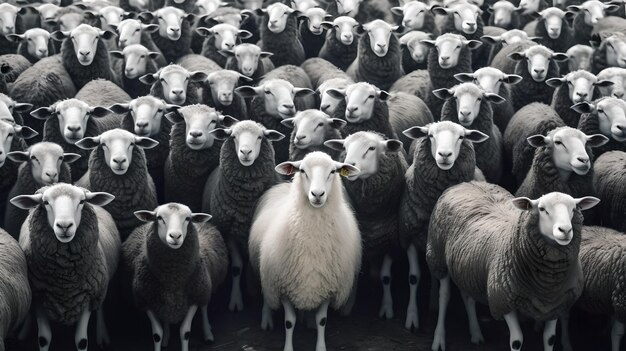 Photo white sheep standing out among group of black sheep stand out from the crowd and be different concept