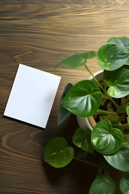 A white sheet a blank page on a wooden table around the plants