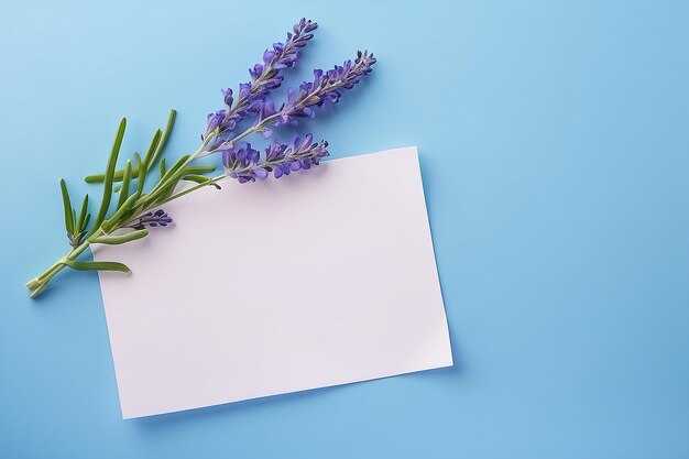 Foto foglio bianco di carta su uno sfondo blu con un ramo di lavanda blu posto per il tuo testo