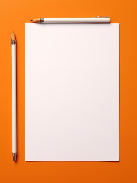 Photo a white sheet of paper for drawings texts and notes next to a pencil lies on an orange background