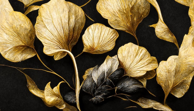 Photo a white sheet of paper shows flowers with pink petals golden buds and green leaves the trunks of the plants and the veins of the leaves are gold the leaves are oblong in shape 3d illustration