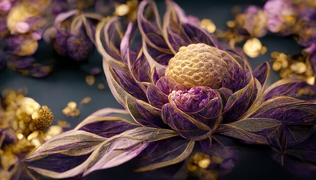 白い紙にピンクの花びらを持つ花、金色のつぼみと緑の葉が描かれています 植物の幹と葉の静脈は金色です 葉は長方形の形をしています 3Dイラスト