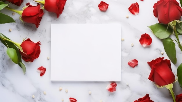White Sheet of Paper Surrounded by Red Roses On a marble background Generative AI