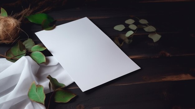 A white sheet of paper with a green leaf on it sits on a dark wooden table.