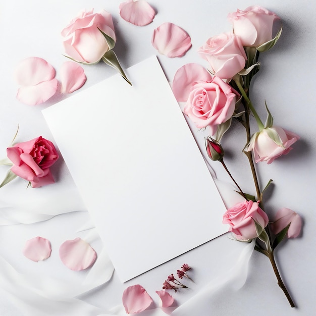 A white sheet of paper with pink roses on it and a white sheet of paper with a pink ribbon.