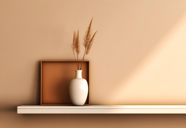 White shelf framed with brown vase and plant