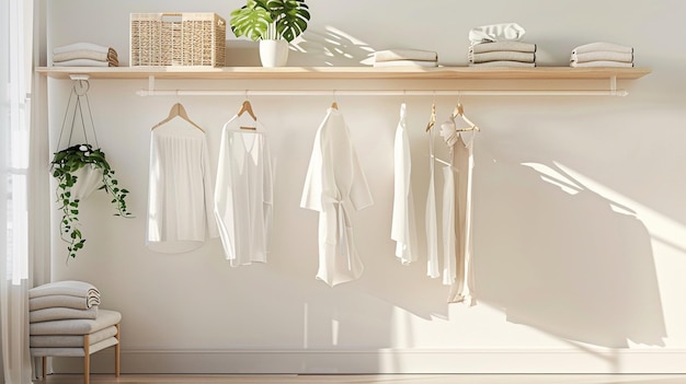 a white shelf with clothes hanging on it and a white shirt hanging on it