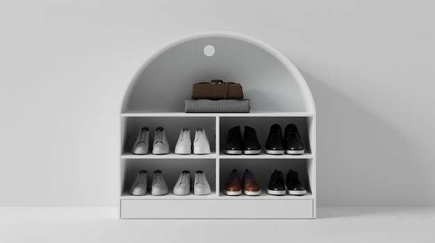 a white shelf with a number of shoes on it