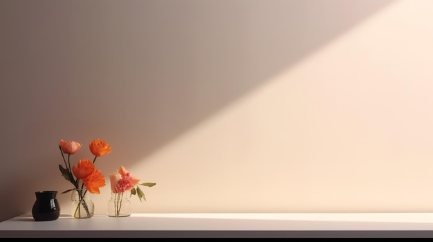 A white shelf with orange flowers on it and a light on the wall.