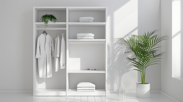 a white shelf with a plant and a green plant in a room