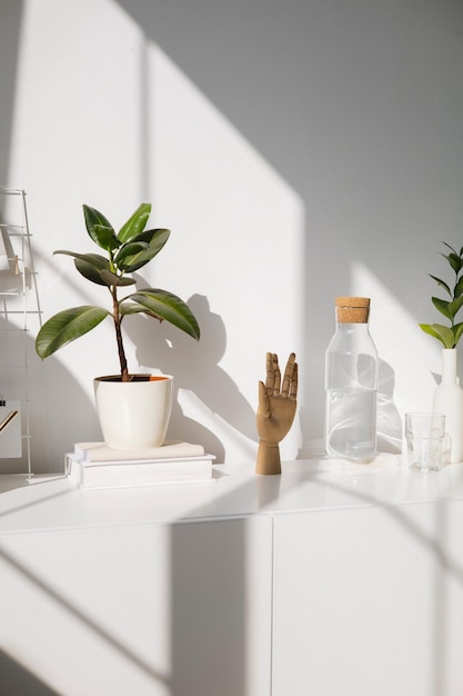 A white shelf with a plant on it and a hand holding a glass bottle.