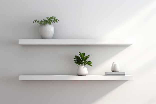a white shelf with potted plants on it and a potted plant on the shelf.