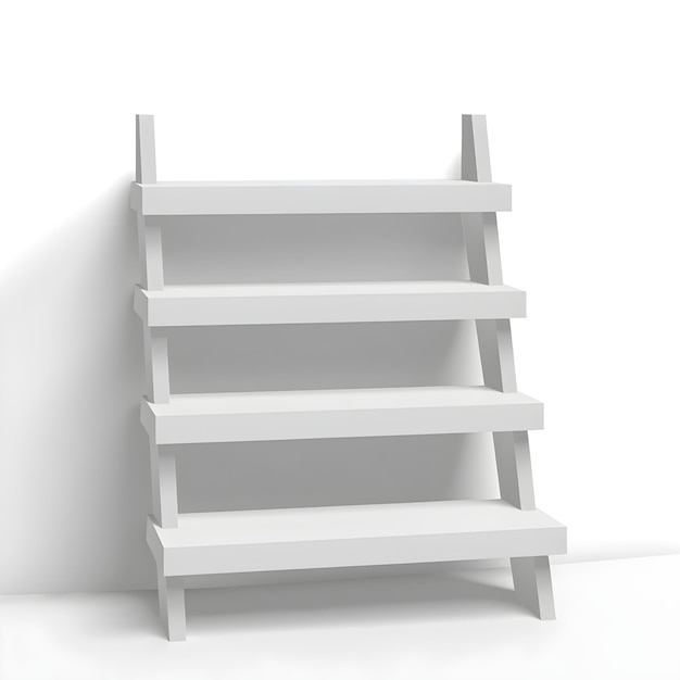 A white shelf with three levels is against a white wall.