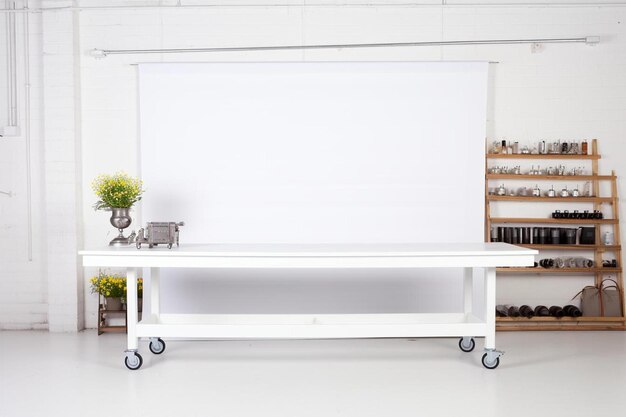 a white shelf with a white board that says  blank  on it