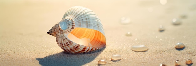 a white shell is on the beach a sunny day in the style of light orange and dark emerald