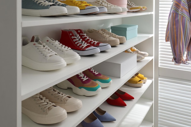 Photo white shelving unit with collection of colorful sneakers indoors