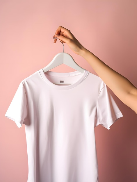 White shirt in a hanger mockup Hand hold hanger with tshirt template Generative Ai