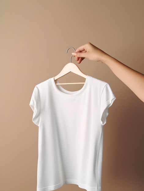 White shirt in a hanger mockup Hand hold hanger with tshirt template Generative Ai