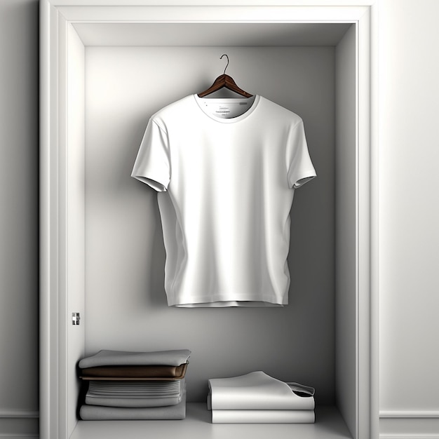 A white shirt is hanging in a frame with other items.