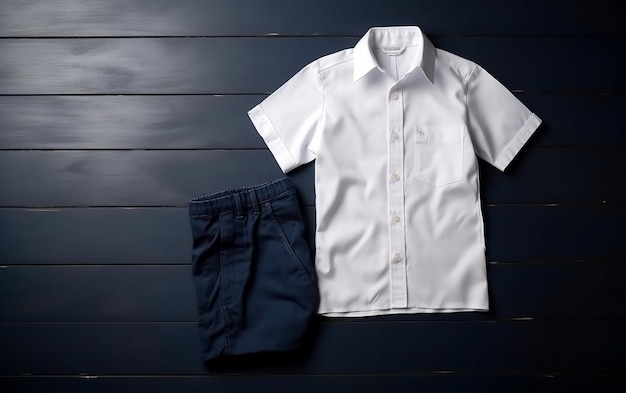 A white shirt and pants are on a black wooden floor.