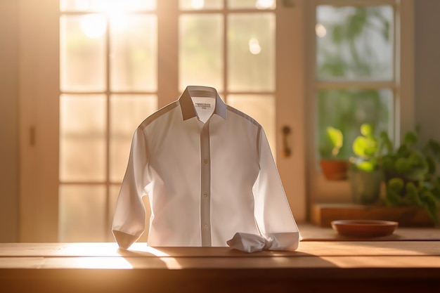 White shirt sits on a desk in front of a window