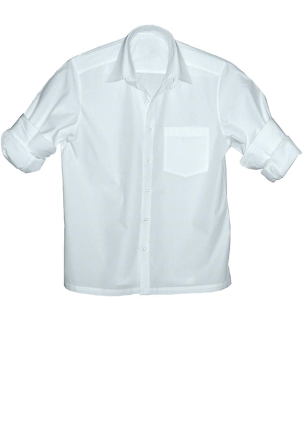 A white shirt with a blue pocket is displayed on a white background.