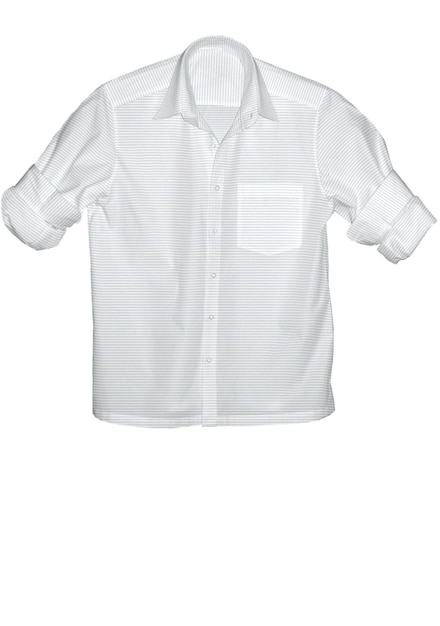 A white shirt with a blue pocket is hanging on a white background.