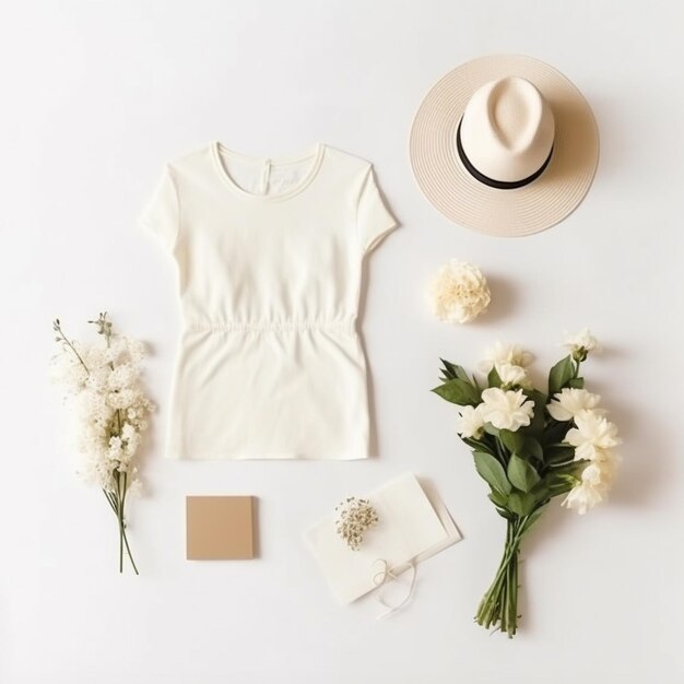 a white shirt with a hat on it and a hat with flowers.