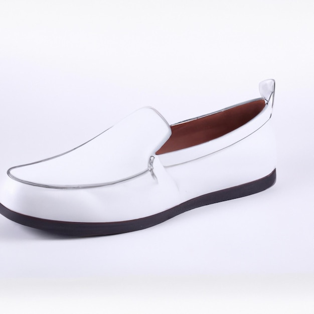 A white shoe with a brown leather sole and a brown leather strap.