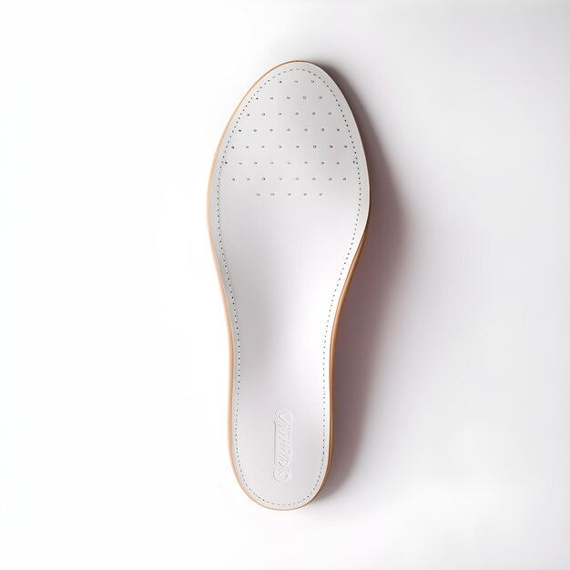 A white shoe with the word " on it " on the bottom.