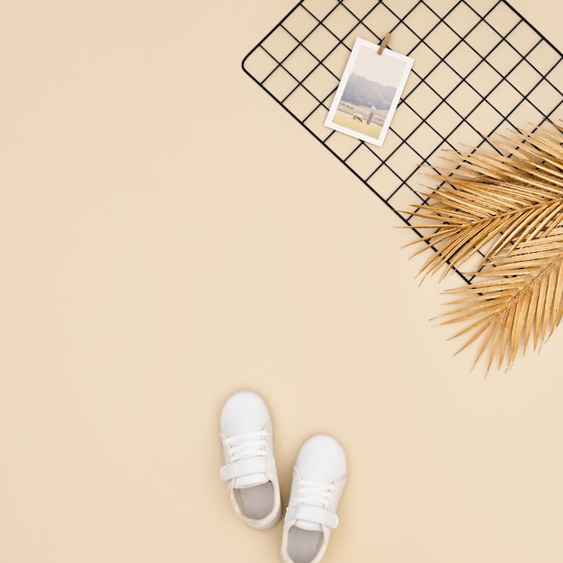 white shoes flatlay photo for background with pastel background