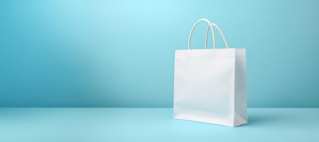 White shopping bag on blue background Shopping bag mockup template background Online shopping